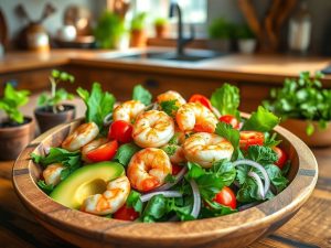 Salada Paleo de Abacate e Camarão Mediterrânea